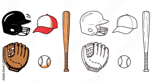 Collection of baseball equipment including bats, helmets, gloves, and balls isolated on transparent background