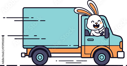 Cute Cartoon Rabbit Driving a Box Truck – Flat Vector Transportation Illustration on White Background