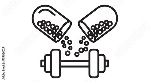 Dumbbell and supplement capsule spilling small balls isolated on transparent background