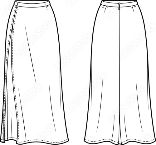Women's wrap long skirt technical sketch, front and back view, fashion flat drawing, garment construction, vent detail, vector apparel design template