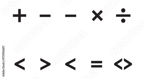 Mathematical symbols including addition, subtraction, multiplication, division, and comparison operators isolated on transparent background