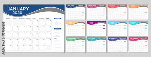 Colorful 2026 Calendar Business Style Design with Different Color for Every Month
