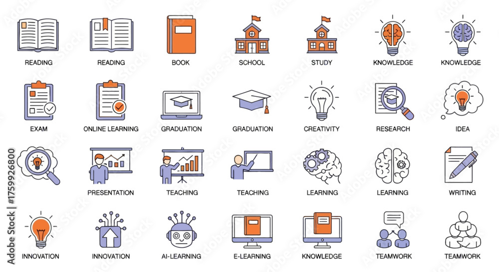 Fototapeta premium Education and E-Learning Icon Set with Labels — Flat Vector Representing Study, Knowledge, and Digital Learning Concepts