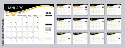Elegant 2026 Calendar with Gold and Black Wave for Every Month