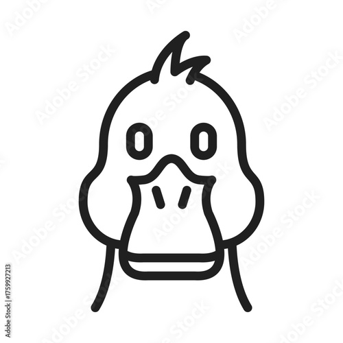 A line drawing of a duck face featuring round eyes a beak with nostrils and a tuft of feathers. Editable stroke line  icon