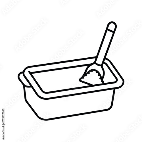 A litter box with a scoop inside holds clumped cat litter. Editable stroke line  icon