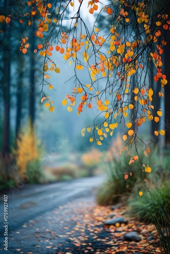 Autumn leaves hanging over a forest road in mist