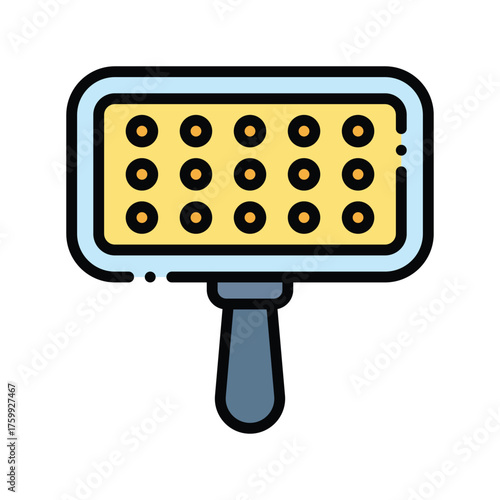 A rectangular pet brush with rounded corners and a handle The brush head is yellow with orange dots