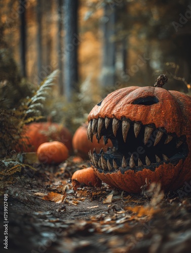 Scary pumpkin monster with sharp teeth in autumn forest