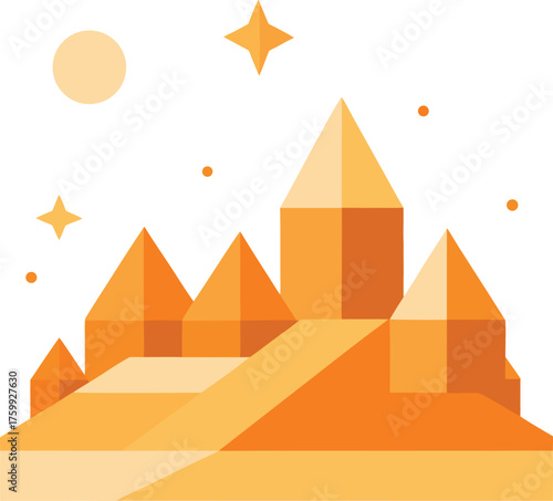 Maximalist vector desert filled with polygonal monuments