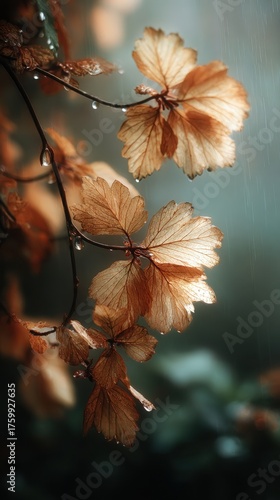 Autumn leaves catching sunlight and rain drops