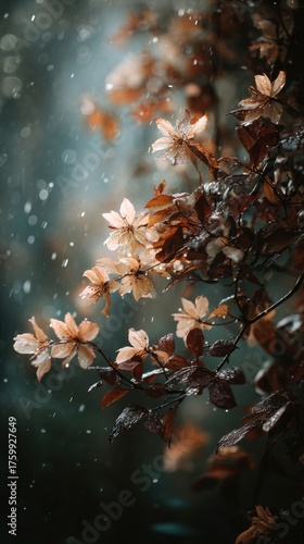 Rainy autumn day with water droplets on brown leaves