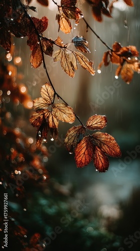 Autumn rain falling on wet vibrant leaves