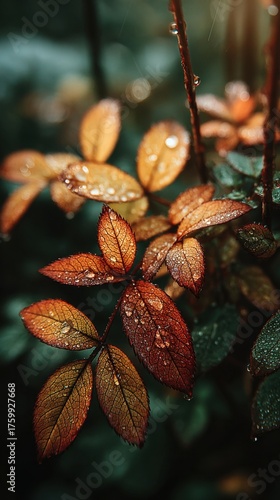 Autumnal leaves collecting rain dew drops on plant