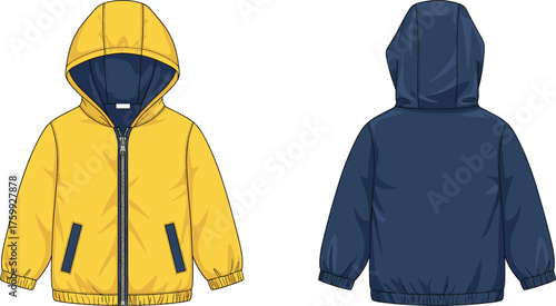 Reversible hooded jacket flat sketch, technical fashion drawing, front and back view, zipper design, color block apparel template illustration