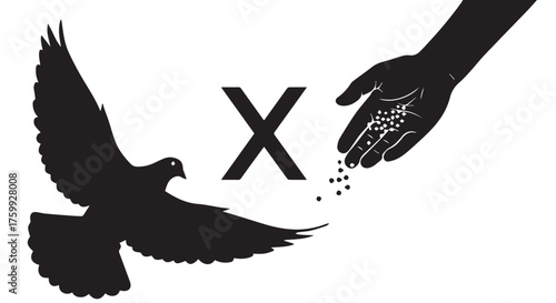 Silhouette of a dove flying towards a hand scattering seeds isolated on transparent background