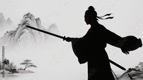 Silhouette of a Chinese opera character, holding a sword sideways, with a heroic posture and a landscape in ink painting background