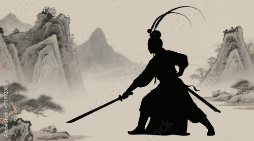 Silhouette of a Chinese opera character, holding a sword sideways, with a heroic posture and a landscape in ink painting background