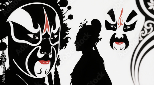 Chinese opera character silhouettes, traditional facial makeup outlines