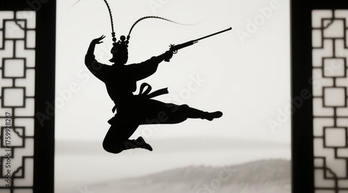 Silhouette of a Chinese opera warrior leaping with a gun, beautiful oriental artistic conception