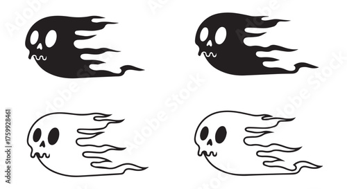 Four cartoon ghosts in motion, two black and two white, isolated on transparent background