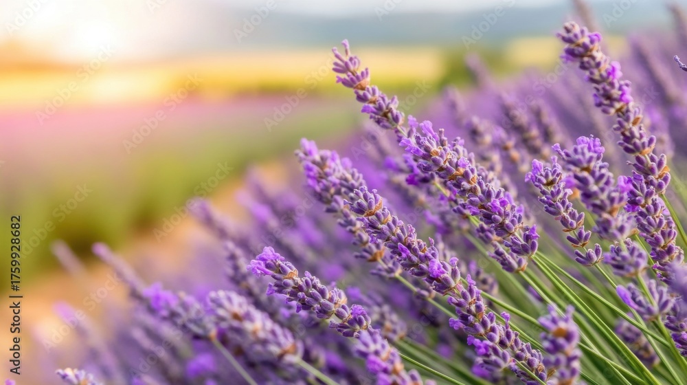 Obraz premium Vibrant lavender flowers bloom in a peaceful field as the sun rises, casting a warm glow over the landscape and creating a soothing atmosphere