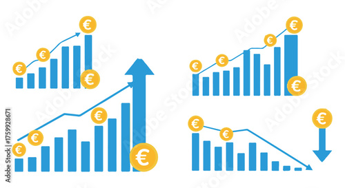 Four blue bar charts with euro symbols showing growth and decline, isolated on transparent background