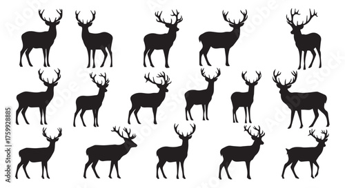 Collection of deer silhouettes with antlers isolated on transparent background