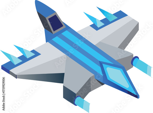 Modern isometric vector vertical takeoff jet illustration for aerospace and technology projects