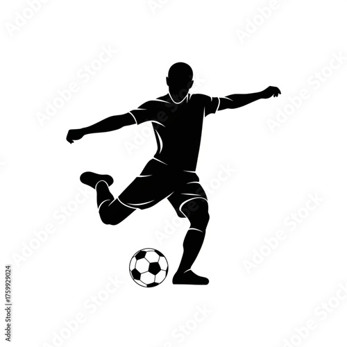 Dynamic black silhouette of a soccer player kicking the ball on a white background. Great for sport concepts, team logos, and design elements. Active and competitive