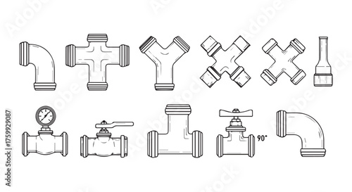 Collection of plumbing fittings and valves isolated on transparent background