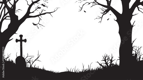 A spooky, dark, Halloween-themed cemetery with a gravestone, trees, and bats.