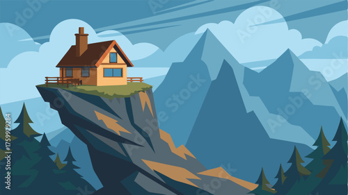 A cozy stone house perched on the side of a steep cliff overlooking a vast expanse of jagged peaks and valleys.