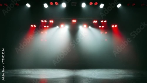 Empty Stage with Red and White Spotlights and Smoke.