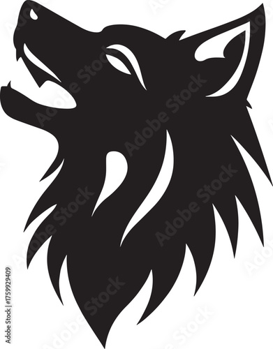 A black and white silhouette of a wolf's head vector illustration
