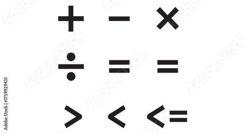 Basic mathematical symbols including addition, subtraction, multiplication, division, and equality isolated on transparent background