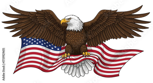 A majestic bald eagle with outstretched wings perched atop a waving American flag.