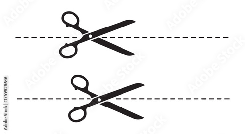Two pairs of scissors cutting dashed lines isolated on transparent background