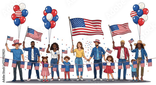 A diverse group of people, including adults and children, celebrate a patriotic holiday with American flags and balloons.
