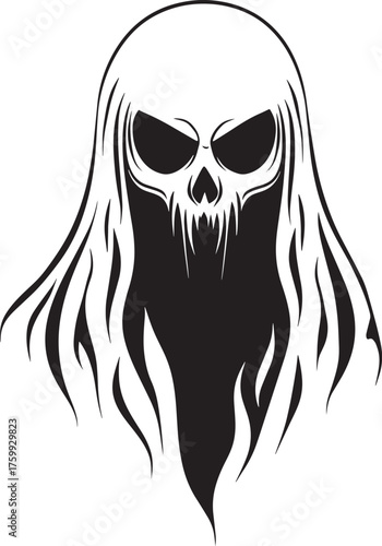 A black and white illustration of a ghost with long hair and a skull face, set vector illustration