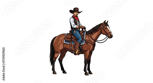 Cartoon illustration of a cowboy with a mustache wearing a hat and vest, riding a saddled brown horse on a white background.