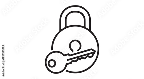 A black and white icon of a padlock with a key, isolated on transparent background