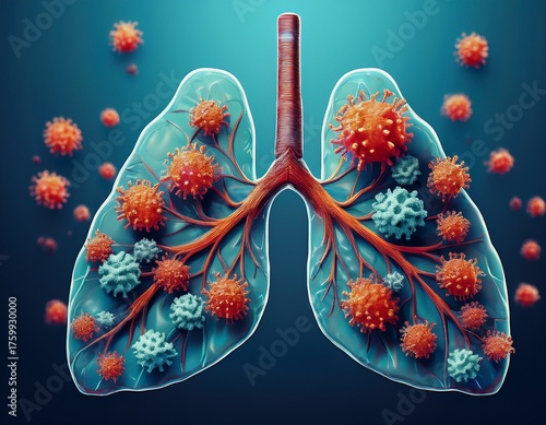 viruses attacking lung cells rendering respiratory system during compromised viral infection
