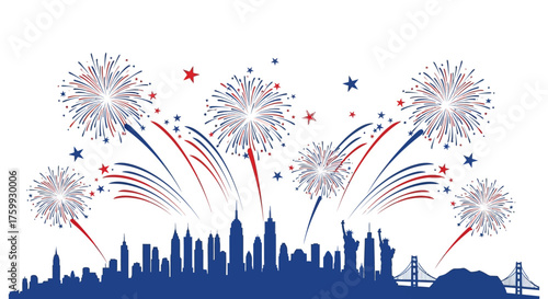 Patriotic red, white, and blue fireworks exploding over a silhouette of a famous American city skyline with iconic landmarks.