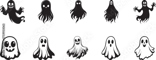 A collection of black and white ghost images with various expressions and poses.