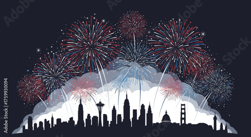 Patriotic red, white, and blue fireworks exploding over a stylized American city skyline at night.