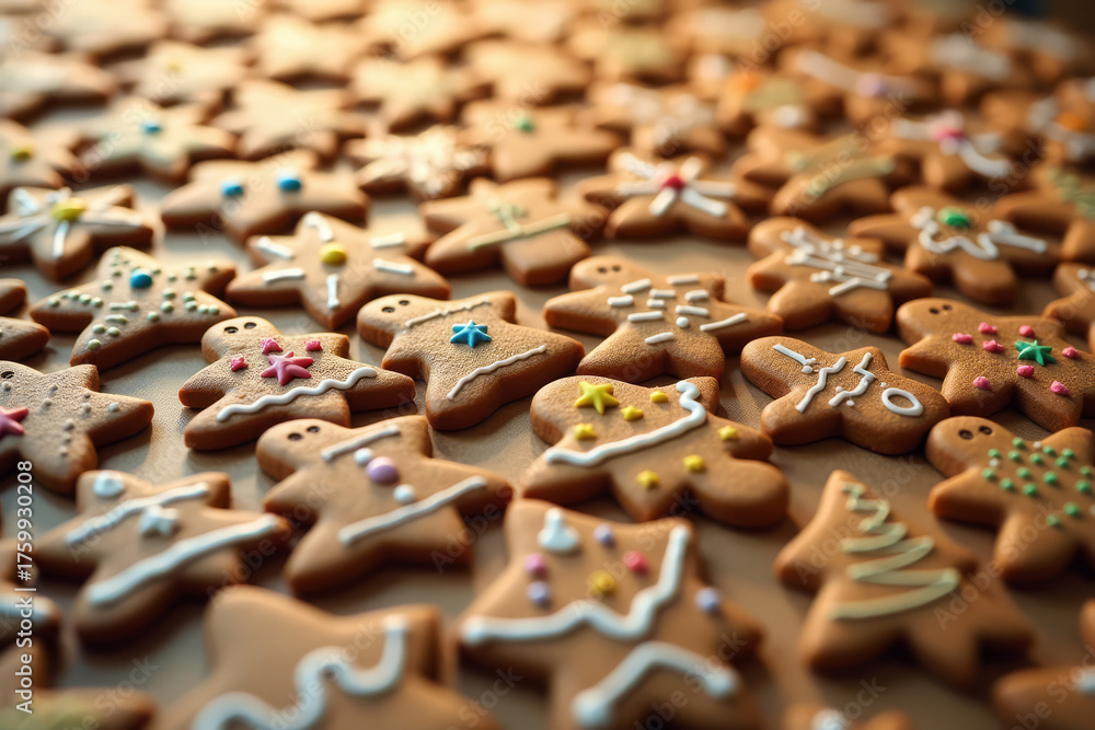 Obraz premium Top view of Christmas gingerbread cookies decorated with icing and sprinkles. Festive holiday flat lay. Traditional New Year dessert.