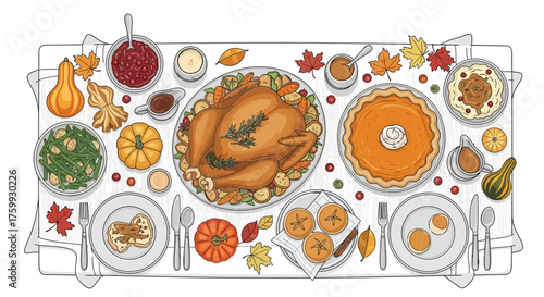 Top-down illustration of a festive Thanksgiving dinner table with roasted turkey, pumpkin pie, and various side dishes.