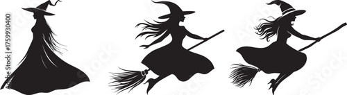 Three silhouetted witches flying on brooms vector illustration