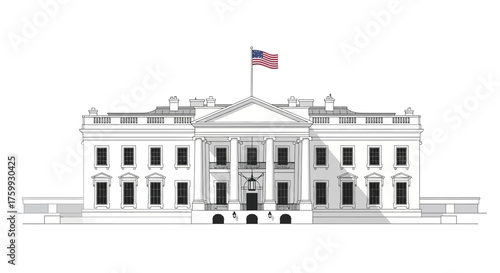 Frontal elevation of the White House, the official residence and workplace of the President of the United States.